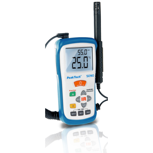 IR Thermo-Hygrometer: Temperatur von -50 bis +500°C, Luftfeuchtigkeit 5% bis 95%, inkl. Lufttemperaturanzeige