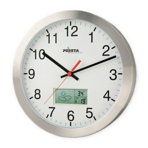 Funkwanduhr mit Aluminiumgehäuse 30 cm – Mit arabischen Zahlen, Thermo- und Hygrometer-Funktion